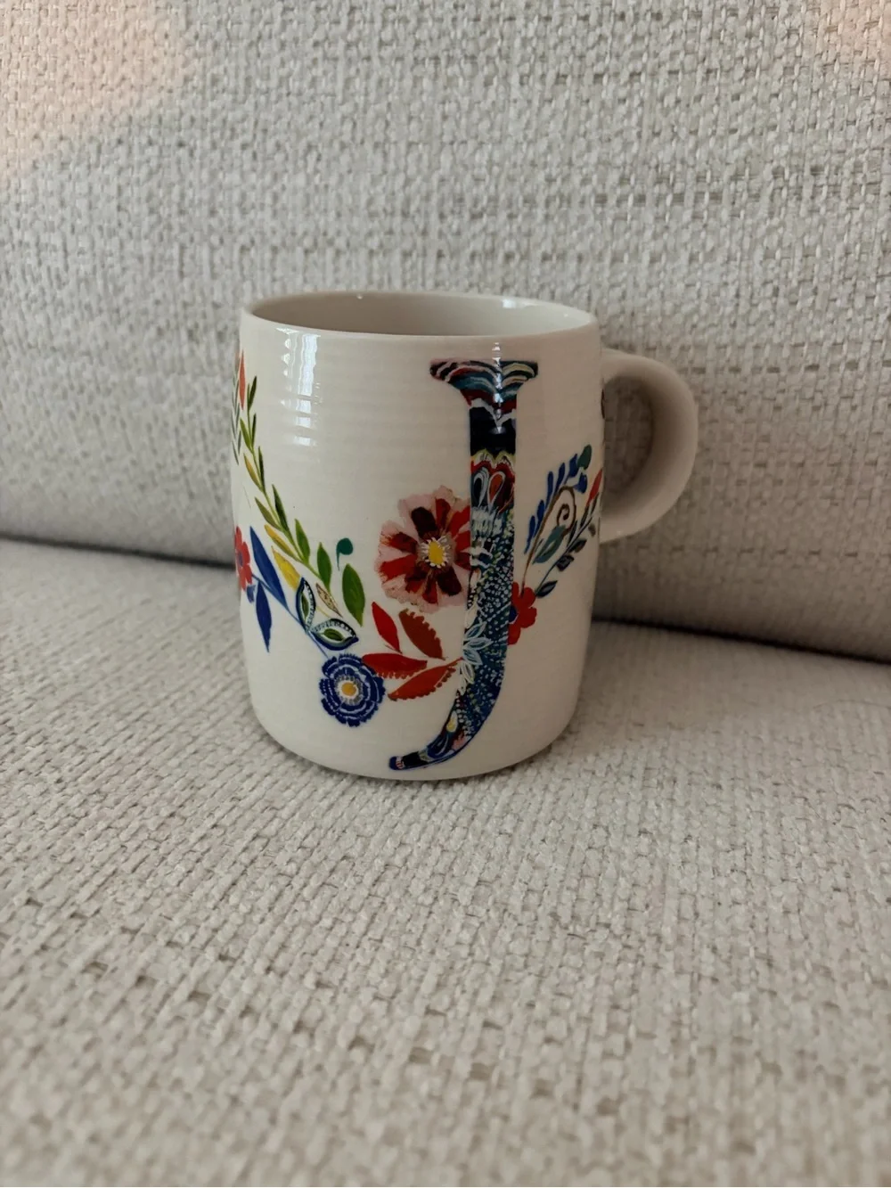 Anthropologie Floral Monogram Mug in White with Blue and Coral Accents